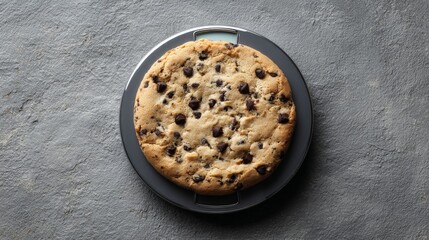 A chocolate chip cookie combined with a weight scale on a grey surface. Diet and food concept seen from above as modern visual art.