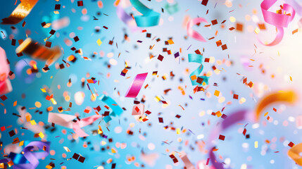 Colorful falling confetti and streamers on a celebration background