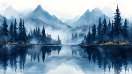 Serene lakes and misty mountains are rendered with subtle color gradients in this artwork. 