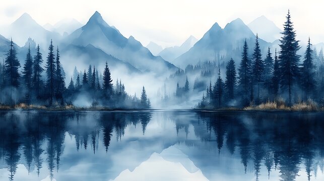 Serene lakes and misty mountains are rendered with subtle color gradients in this artwork. 