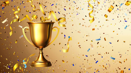 Golden champion trophy with a burst of confetti on a celebratory background