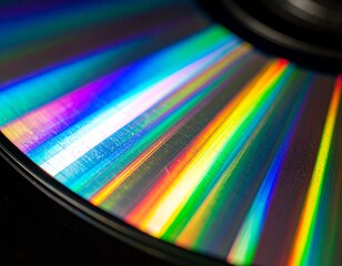 CD Rainbow Spectrum: Close-up view of a CD showcasing its vibrant rainbow spectrum of colors, created by the diffraction of light on the data tracks.