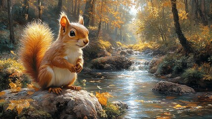 Anime art: A fluffy squirrel on a rock by a sparkling forest stream, gazing curiously.