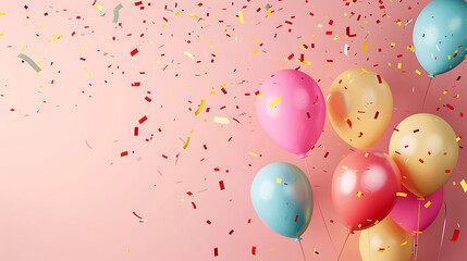 Vibrant party balloons and falling confetti on a pink background with copy space
