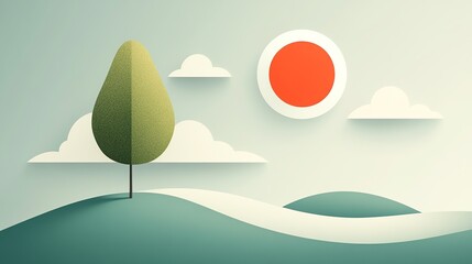 Minimalist graphic illustration: A verdant tree in a meadow