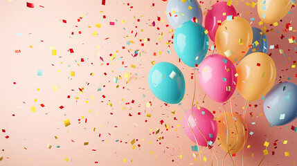 Festive party background with colorful floating balloons and confetti.

