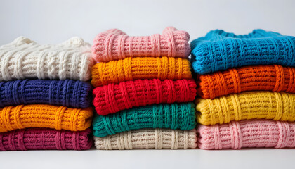 Colorful knitted sweater stack with vibrant warm tones and cozy texture, creating cheerful and inviting atmosphere