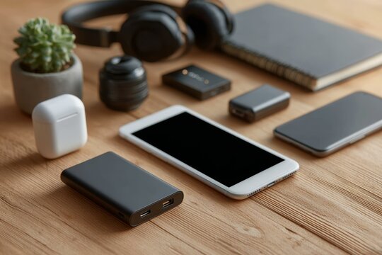 Assorted Modern Tech Accessories on Wooden Surface