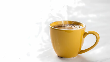 Hot coffee in yellow mug steaming on white background cozy morning beverage caffeine drink breakfast time break
