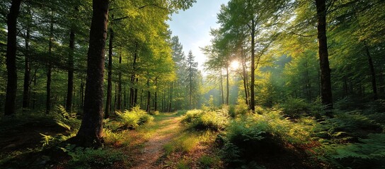 Fototapeta premium Sunlight Piercing Through Lush Forest