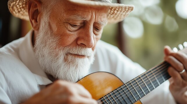 Elderly man playing guitar in cozy indoor setting during afternoon