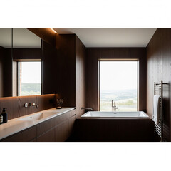 Dark wooden panoramic bathroom with tub and sink