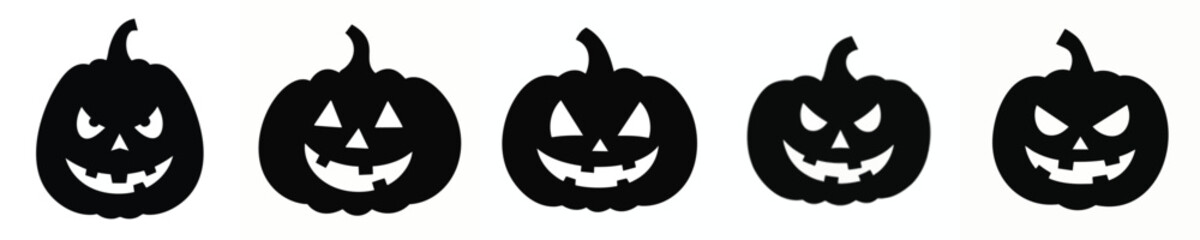 Black Halloween Pumpkin Silhouette Icons – Scary and Funny Jack-o'-Lantern Faces Set