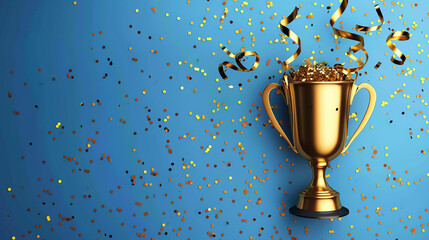 Golden trophy cup celebrating victory on a blue background with falling confetti.

