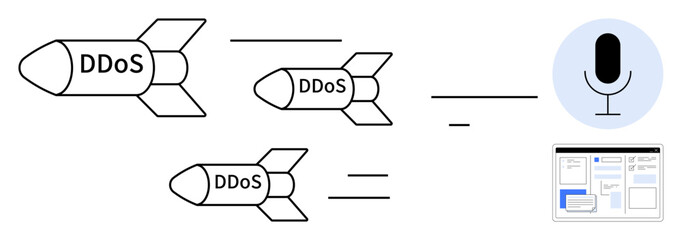 Missiles labeled DDoS aimed at a microphone and web interface, symbolizing cyber threats. Ideal for technology, cybersecurity, internet risk, digital safety, hacking, data protection, simple flat