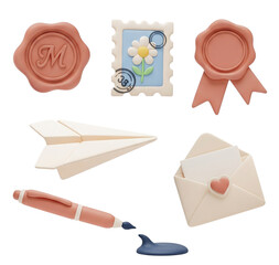 Playful 3D of mail-themed icons including envelope, paper plane, stamp, seal, and pen—ideal for creative communication content.