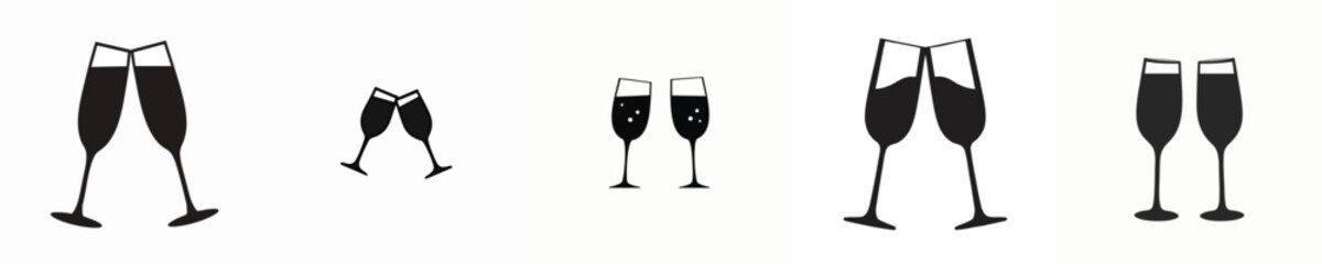 Elegant Champagne Toast Icon Pack – Minimalist Clinking Glasses Vector Set