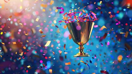 Golden Trophy in a Whirlwind of Colorful Confetti and Ribbons