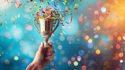 Hand Holding a Golden Trophy with a Confetti Celebration