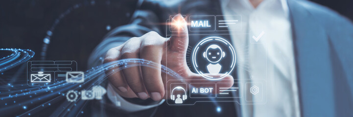 Person touching futuristic interface with A I bot and mail icons hand AI bot