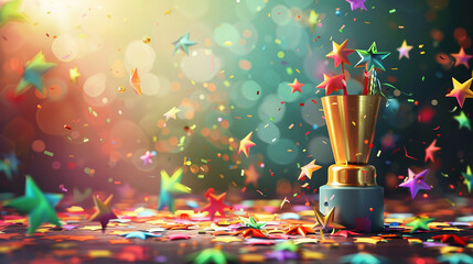 Golden Trophy with Falling Stars and Confetti on a Magical Bokeh Background