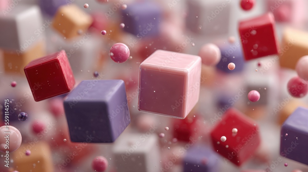 Poster floating cubes in various pastel shades mingle with spheres, creating a captivating abstract composi