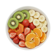 A transparent ceramic bowl, abundant with artfully arranged fresh kiwi, strawberries, banana, and orange segments, on a stark white background with ample copy space, captured in soft, bright