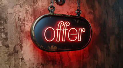 Vintage Industrial Neon "Offer" Sign Hanging on Grunge Concrete Wall