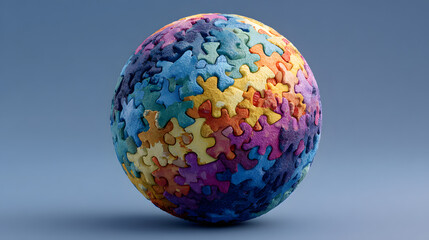 Colorful Puzzle Ball on Blue Background - Autism Awareness Concept