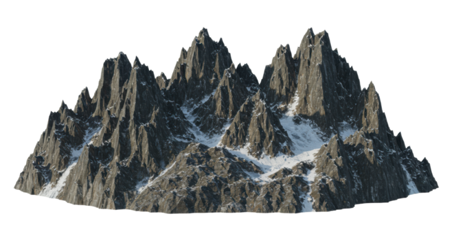 A detailed, isolated rugged mountain range with sharp, jagged peaks, dark grey and brown rocky surfaces, subtle icy textures, meticulously lit on a transparent background with copy space, concept for