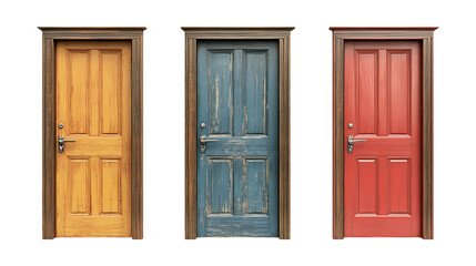 Three antique wooden entry doors painted yellow, blue, and red stand aligned in a row isolated on a transparent background for architectural concepts.