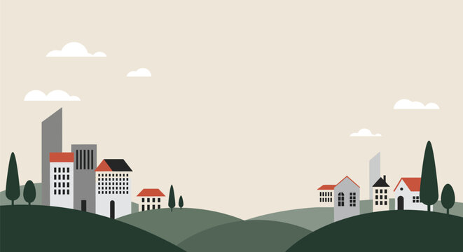 Minimalist Cityscape with Hills Buildings and Trees in a Flat Design Style