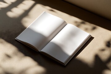 Open Blank Book Mockup on Beige Surface with Window Light and Shadow Overlay