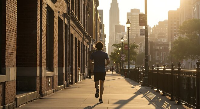 Man Running on Sidewalk with City Buildings