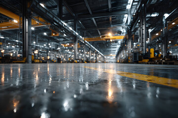 Fototapeta premium Modern factory interior with polished floor, machinery, and overhead cranes.