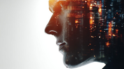 Profile of a person overlaid with an abstract cityscape with bright orange and blue lights