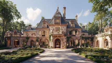 Obraz premium Grand stone mansion, sunlit facade, lush gardens