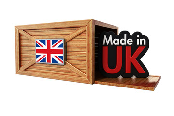 Made in UK text inside cargo box with British flag on transparent background.. 3D illustration
