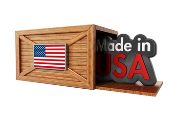 Made in USA text inside cargo box with American flag on transparent background.. 3D illustration