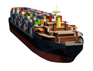 Cargo ship loaded with multi colored containers on transparent background.. 3D illustration