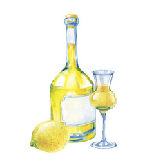 Watercolor illustration with Limoncello on a white background. A glass bottle, a shot glass and a lemon. Alcoholic drink of Italy. The national drink of Greece. Isolated.