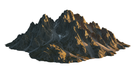 Rugged, barren mountain range with jagged peaks & rocky slopes, intricate textures, upper sections lit by warm golden hour light, lower parts in deep shadow, isolated on transparent studio background,