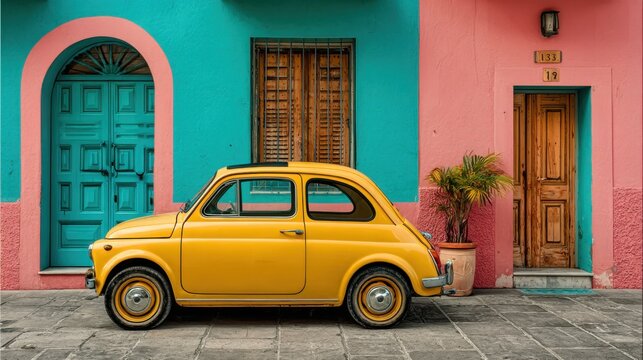 A classic yellow vintage car rests against a backdrop of pastel pink and turquoise walls. The lively atmosphere showcases charming architecture and vibrant colors seen in the streets.