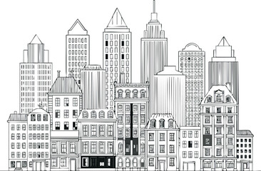 Naklejka premium Detailed black and white city skyline vector featuring various architectural building styles urban landscape design