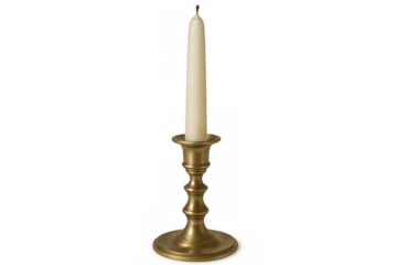 Vintage brass candlestick holding white pillar candle, gleaming against transparent backdrop with minimalist, timeless elegance