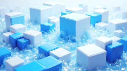 Obraz premium Abstract Cubes in Water: Blue & White 3D Geometric Shapes with Bubbles Background, Modern Minimalist Design