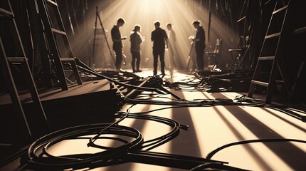 Crew prepares for the concert in the dimly lit stage area with cables scattered and focused energy before the event