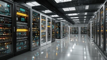 Brightly lit server room showcasing numerous data storage racks filled with blinking lights, emphasizing advanced technology in digital infrastructure during daytime.