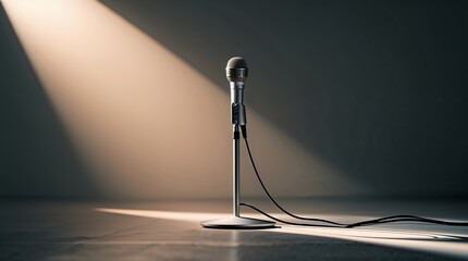Spotlight on a microphone for a live performance setting in an intimate venue during evening hours