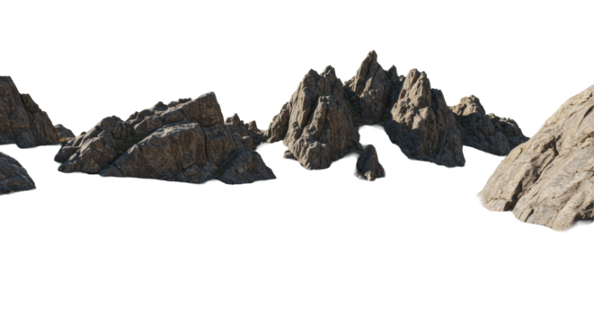 Rugged barren mountain landscape, jagged rock formations, dry textured earth with sparse desert vegetation against a transparent isolated background, low angle view, bright diffused lighting,